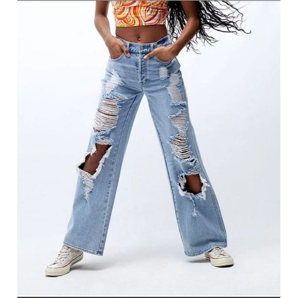 PacSun Light Blue Distressed High Waisted Baggy Jeans Streetwear Size 24 Used